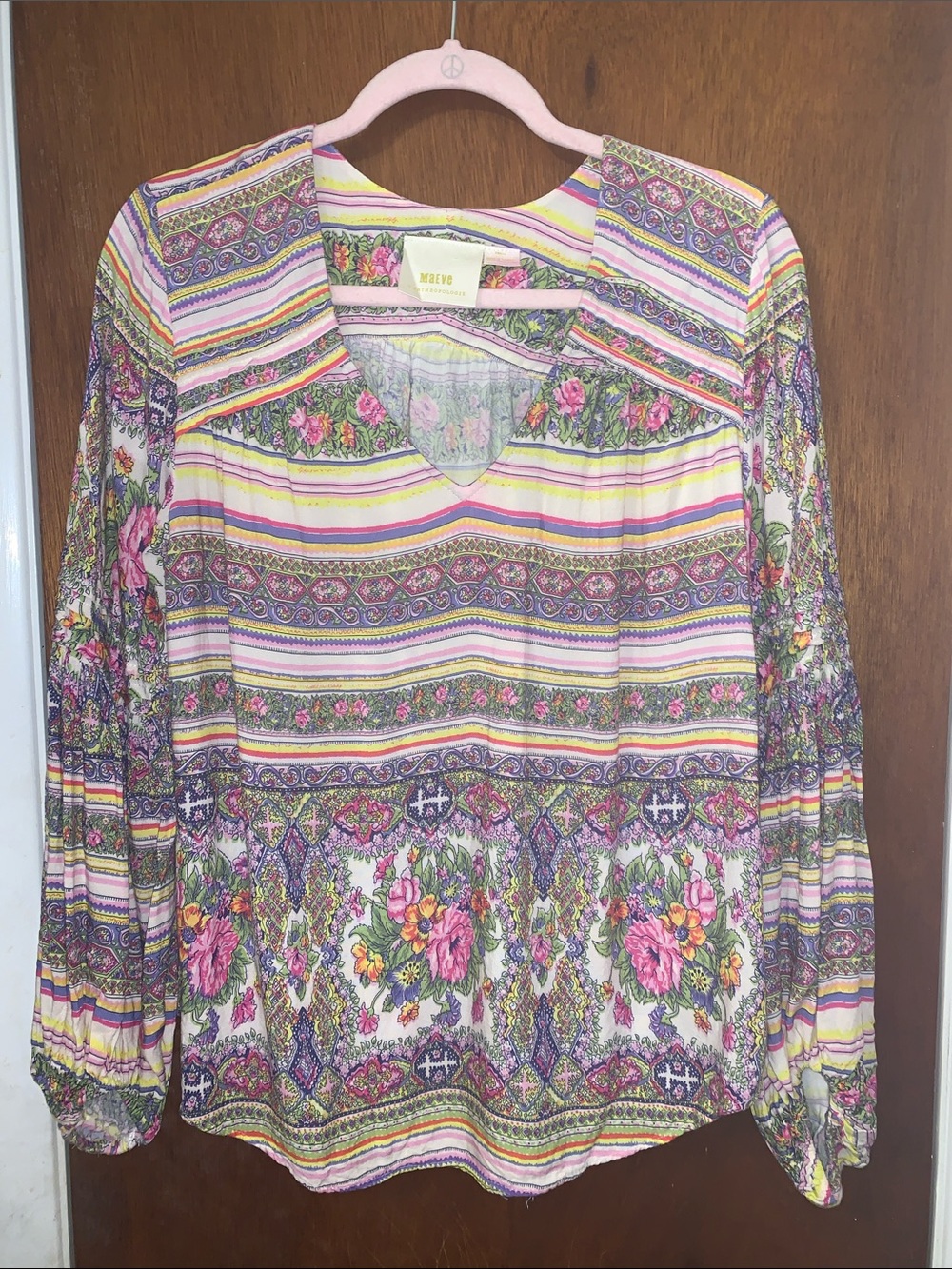 Maeve Floral Stripe V-Neck Blouse in Pink, Green & Yellow